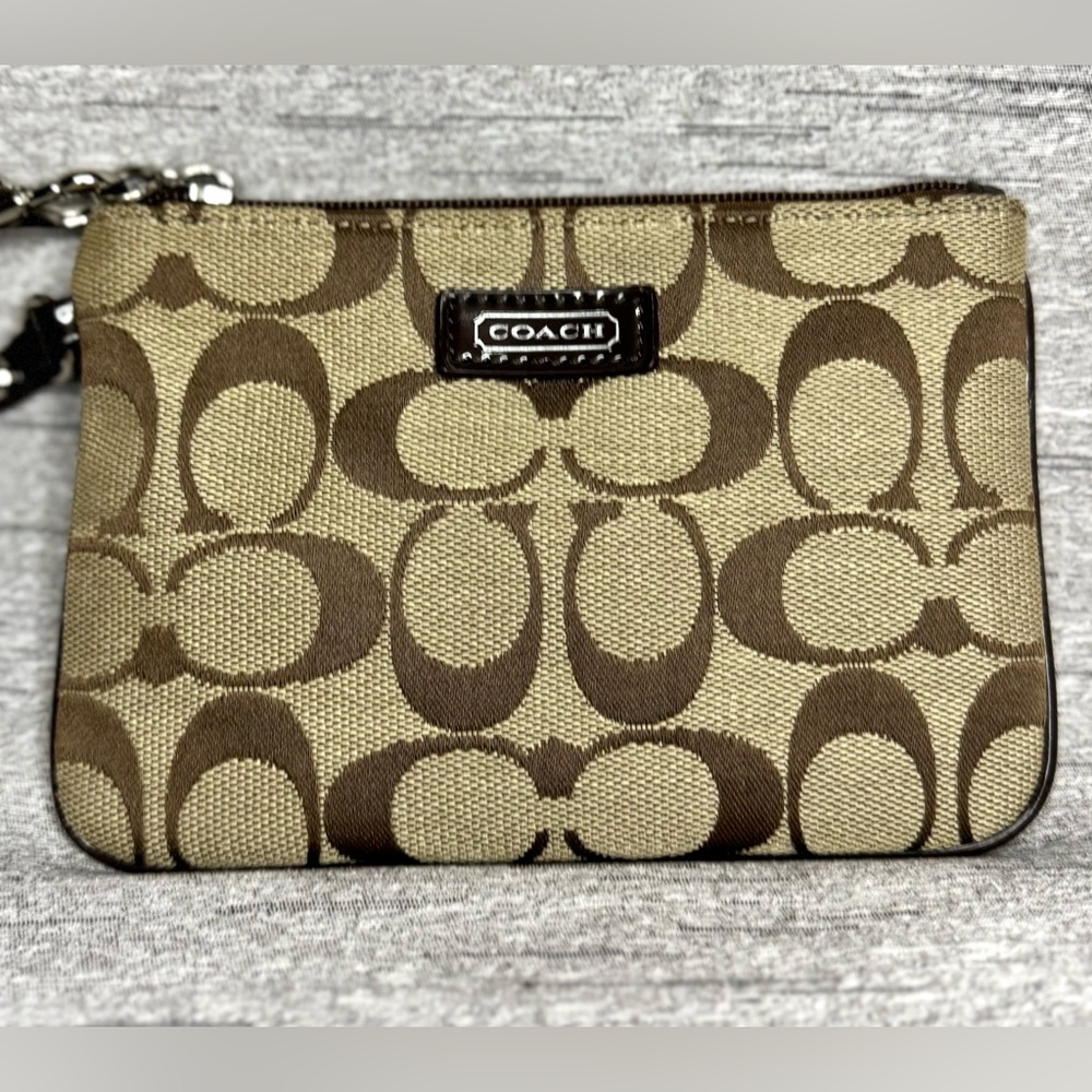 Coach Brown & Tan Signature C Wristlet. Patent Leather Strap & Edging 6” x 4”